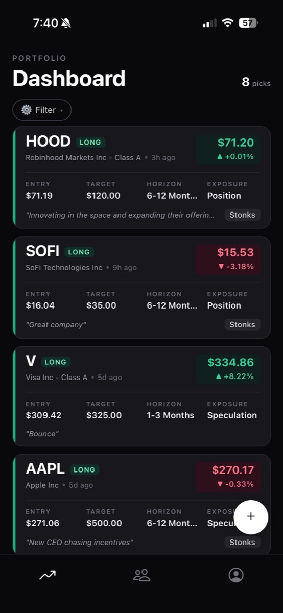 Scrier dashboard showing stock picks with live ROI