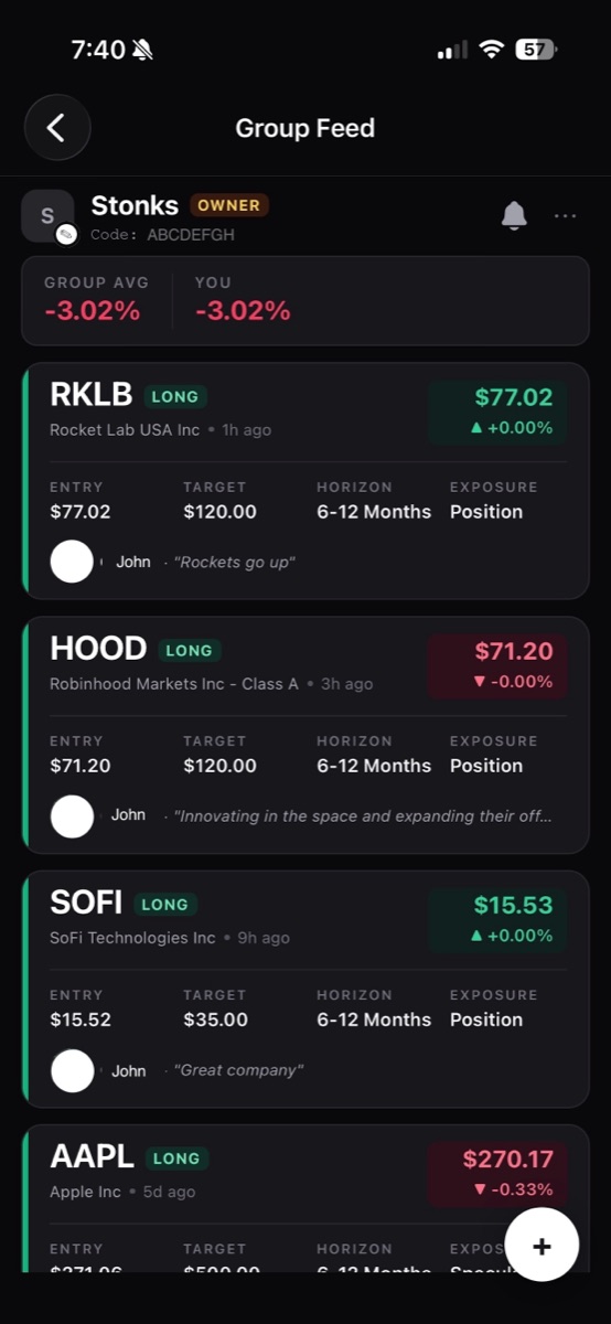 Group feed showing picks from members