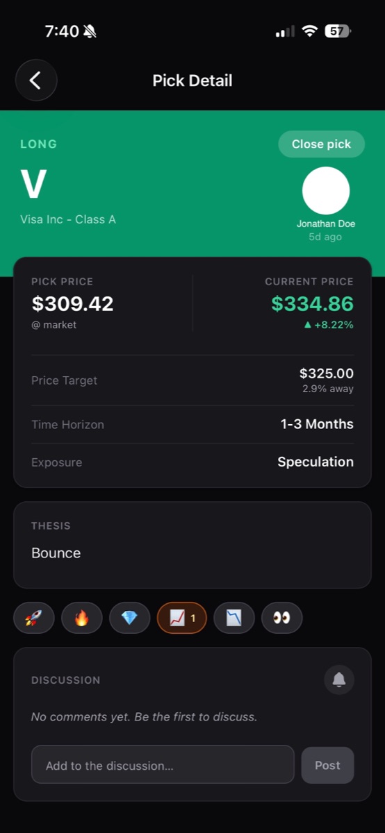 Pick detail showing live ROI and thesis