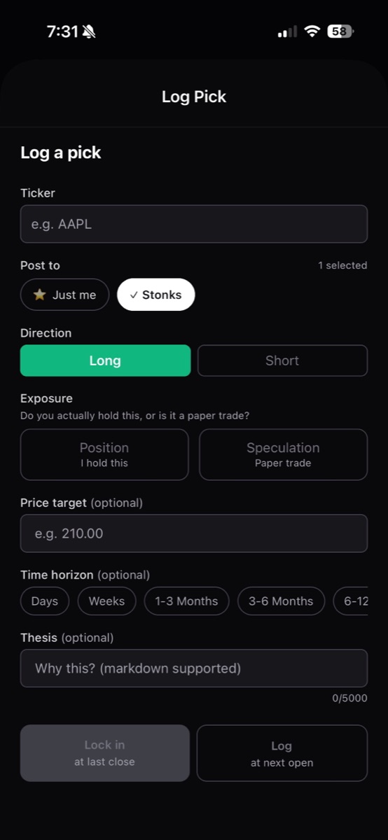 Log Pick screen for entering a new stock pick